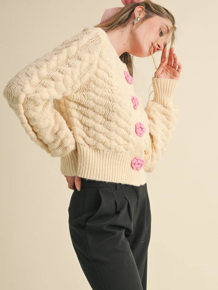 &MERCI - Wholesale Cardigan - Women's - TEXTURED SWEATER CARDIGAN WITH KNIT ROSETTE DETAIL MSW107353