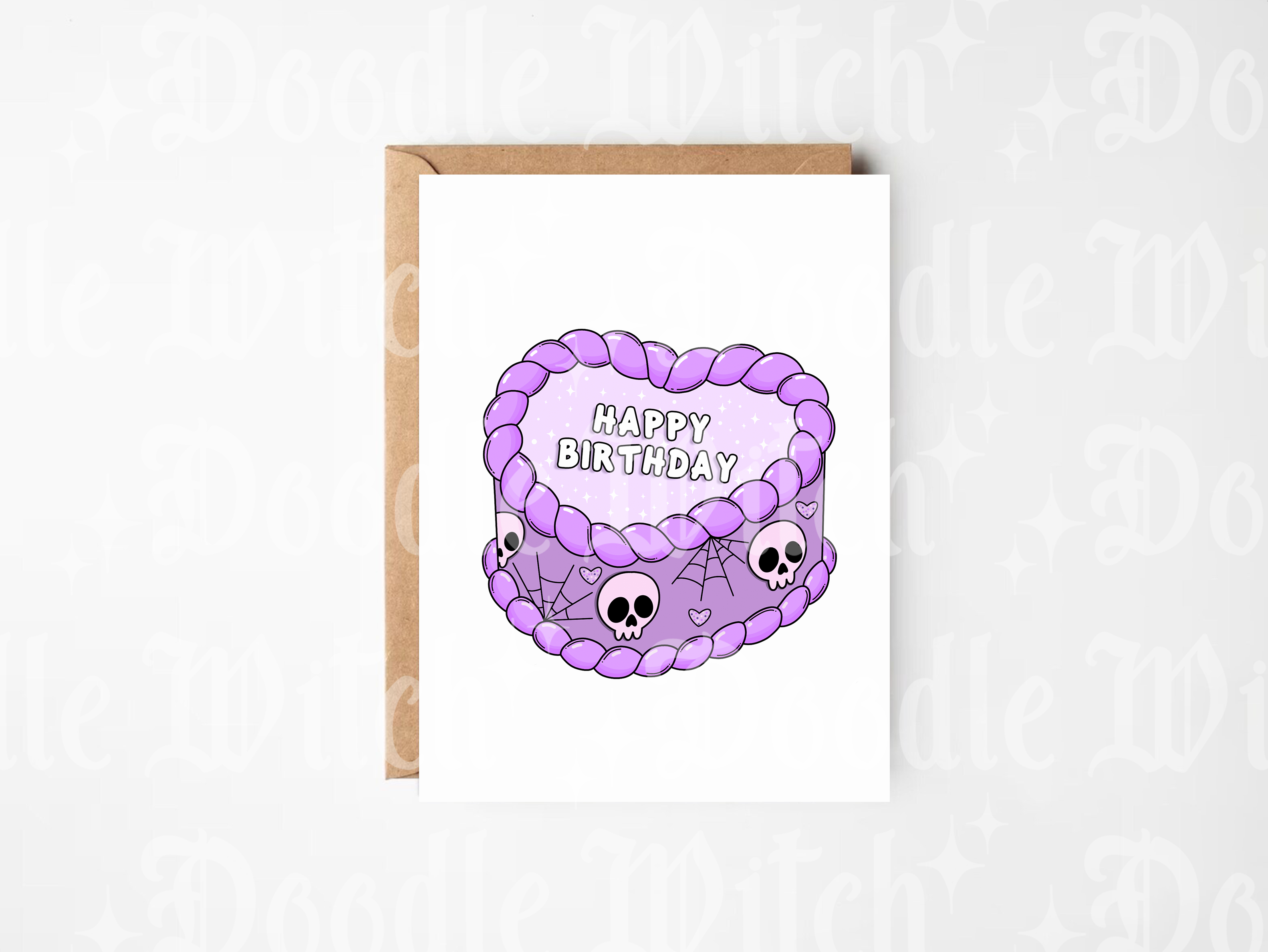 DoodleWitch - Vente Cartes d'anniversaire - Joyeux Anniversaire Carte Gâteau Violet Effrayant0