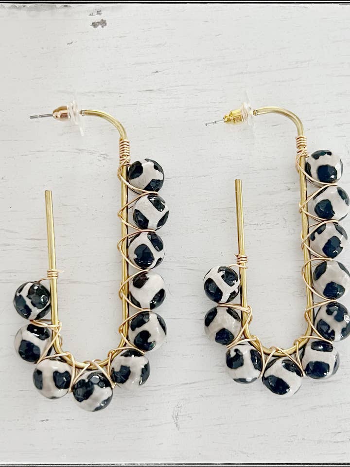 Wire Wrapped Open Hoop Glass Bead Dangle Earring Black Agate for wholesale by GentrybyJenna