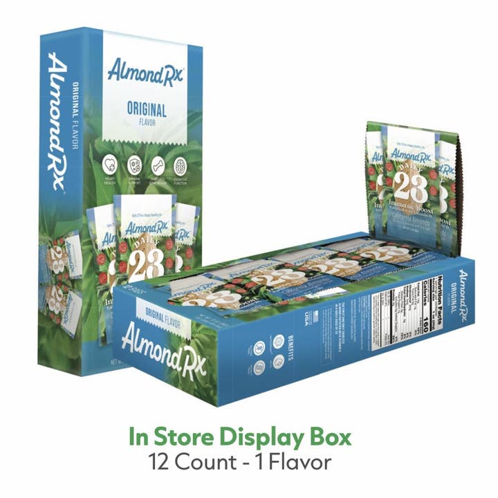 AlmondRx In Store Display Box (12) Count of AlmondRx 1 ounce Snack Packs for wholesale by AlmondRx