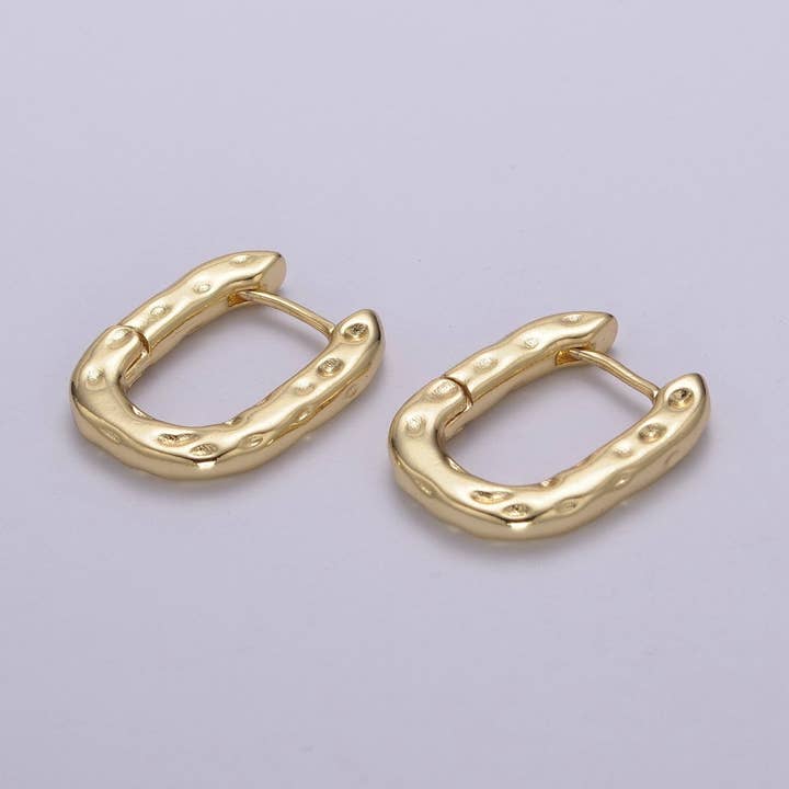 Hypoallergenic Gold Rectangular Hoop Earrings Small Huggie Hoops, U Shape Hoop, Oval Hoops, Rustic Hammered Geometric Earring, Minimal Earring T-252 for wholesale by Aim Eternal
