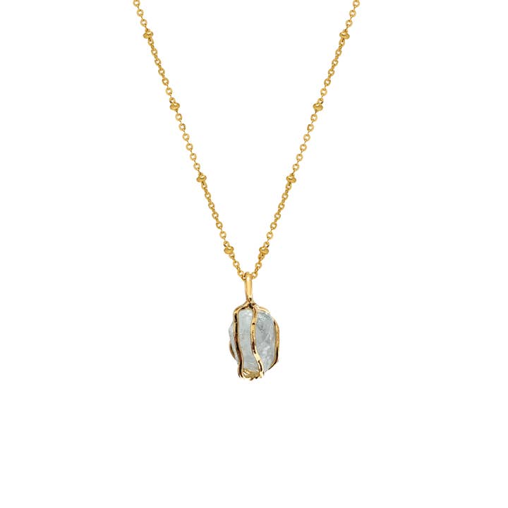 Pendentif aigue-marine brut en cage sur chaîne satellite courte pour la vente par Mirabelle
