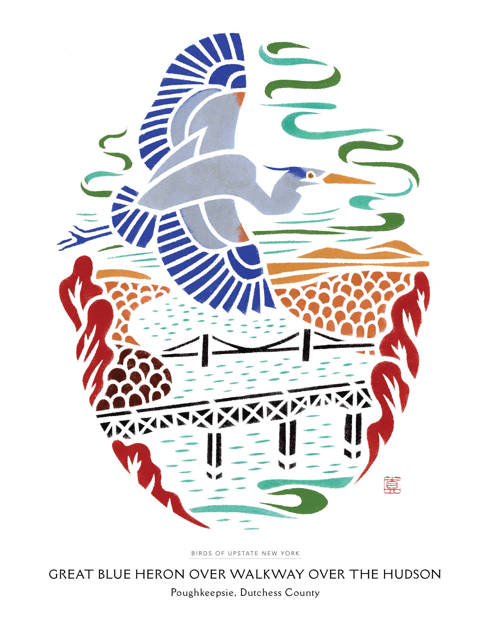 Mayuko Fujino Bird & Nature Art - Wholesale Art Print - Art print: Great Blue Heron over Walkway over the Hudson1