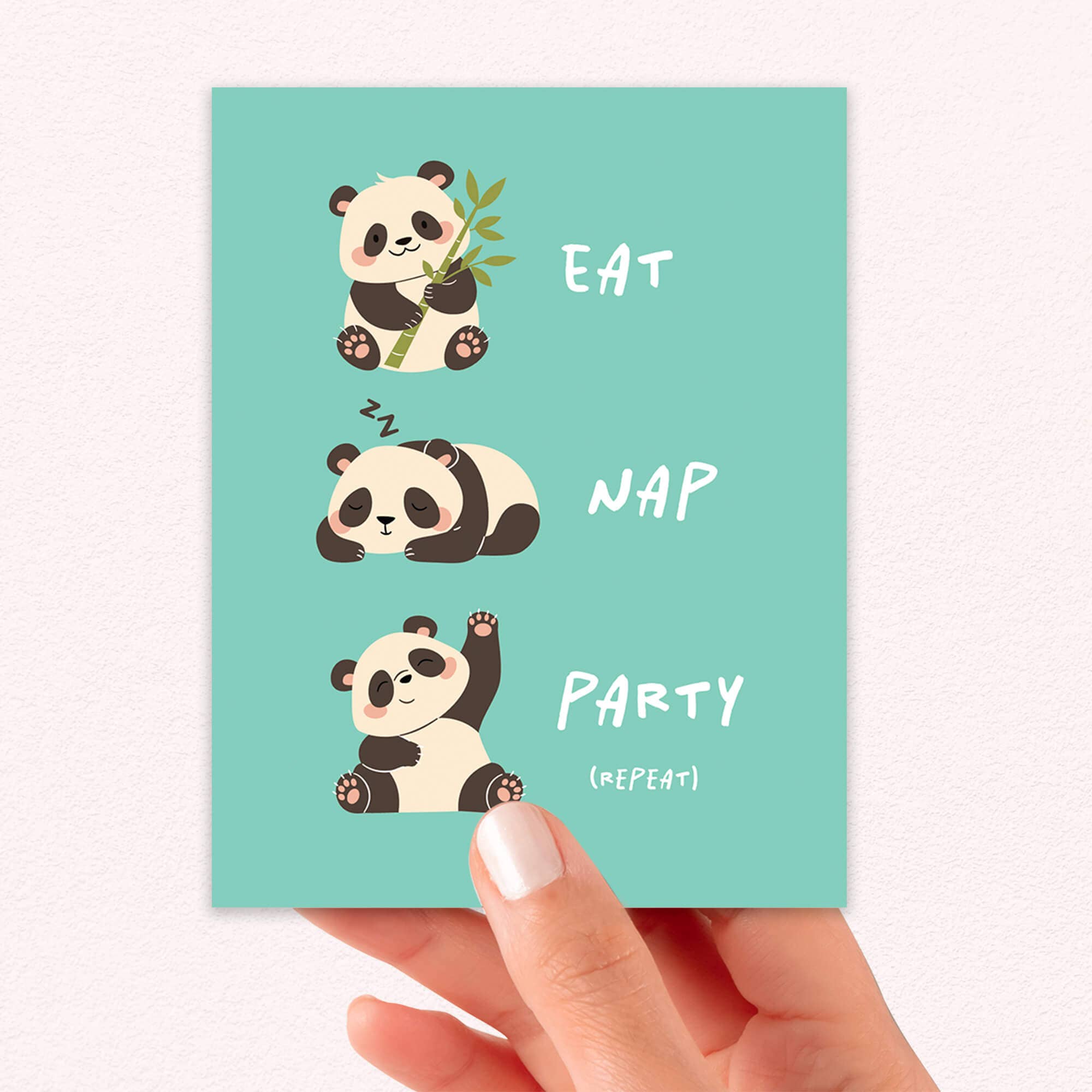 Cute Asian Cards – wholesale Födelsedagskort – Ät, vila, festa roligt födelsedagskort | Söta kinesiska panda asiatiska kort4