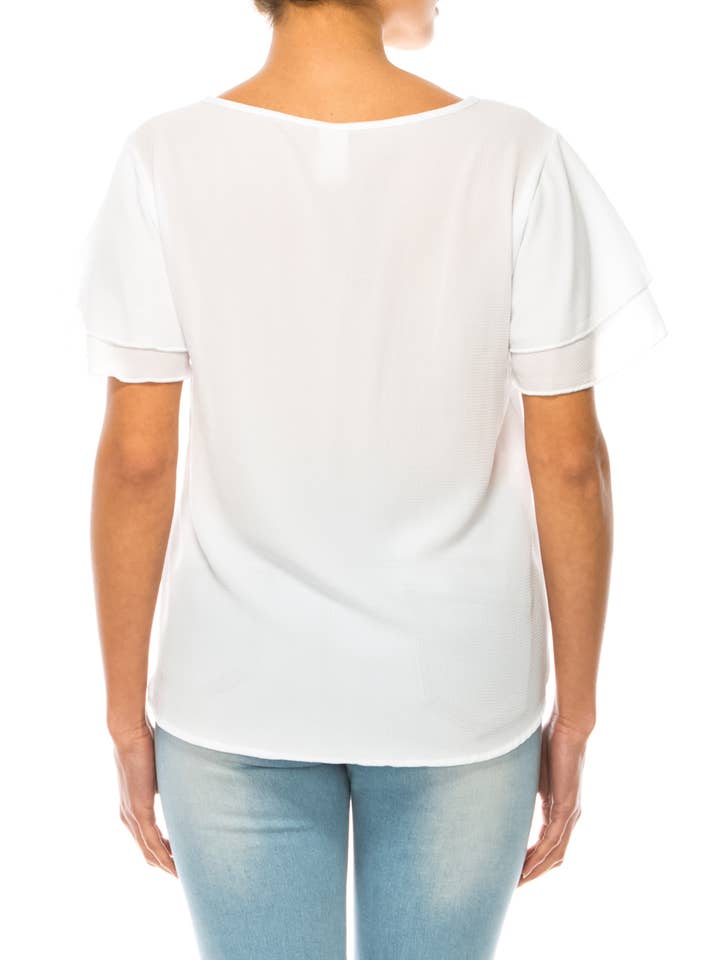 MOA COLLECTION - Wholesale Blouse - Women's - Casual Solid Flowy Short Flutter Sleeve Key Hole Blouse34