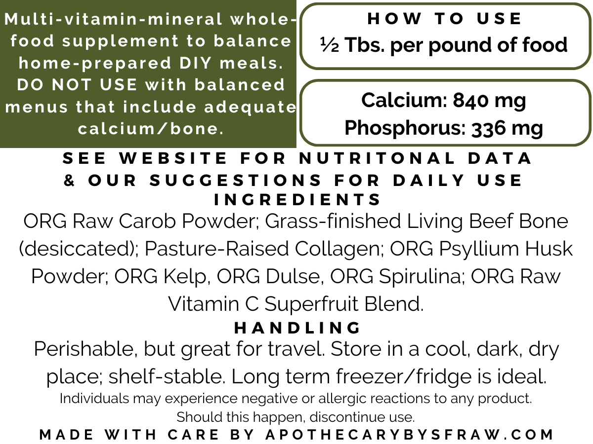 Apothecary by SFRAW - Wholesale Pet Supplement - Cat/Dog - Healthy Powder with LIVING BONE, 500CC glass jar2