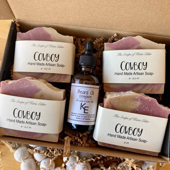 Coffret cadeau Cowboy pour hommes, 4 oz, barres de savon, huile à barbe pour la vente par The Soaps of Katie Elder