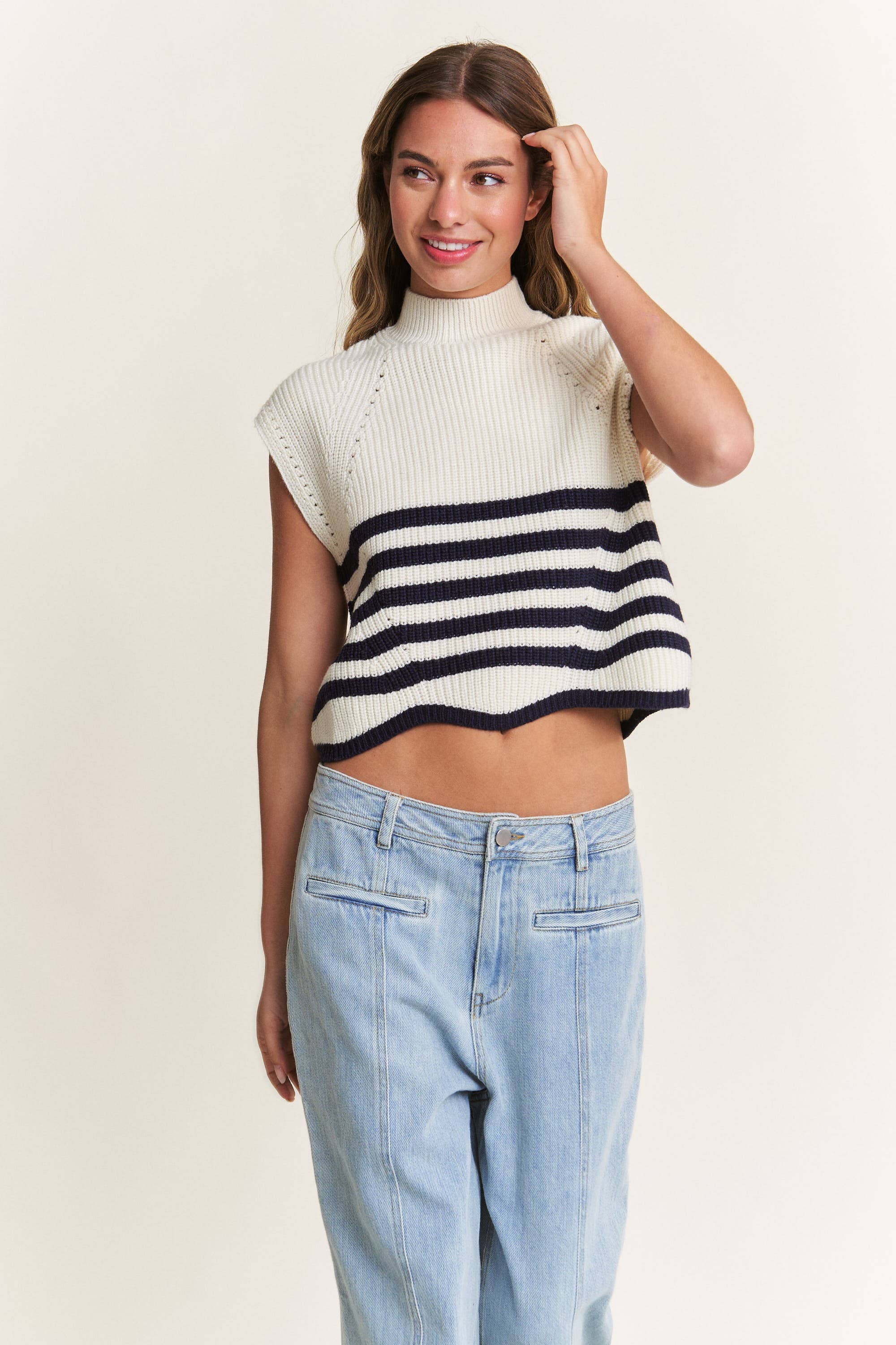 In The Beginning - Vente Pull en maille – femme - Pull sans manches à col roulé bleu marine/ivoire5