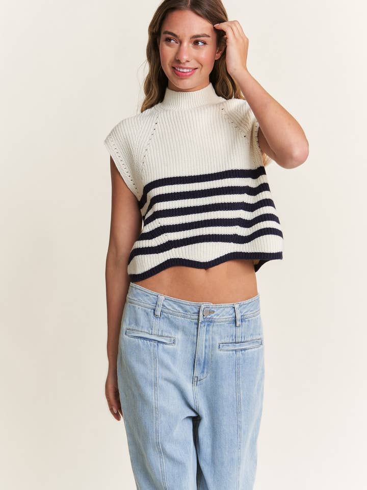 In The Beginning - Vente Pull en maille – femme - Pull sans manches à col roulé bleu marine/ivoire5