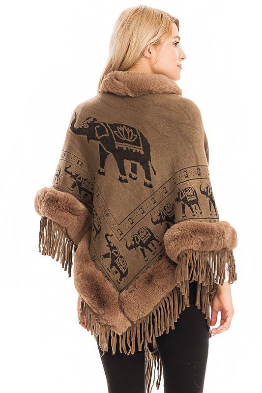 Cap Zone - Wholesale Poncho - Women's - Lucky Elephant Printed Fur Neckline Soft Cozy Poncho6