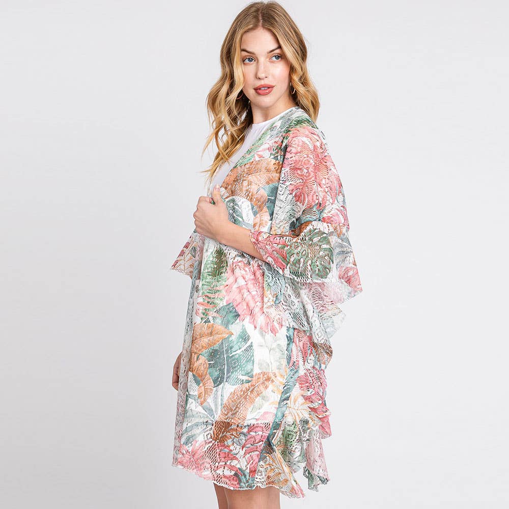Sensibling Corp. - Wholesale Kimono - Women's - Ruffle Lined Leaves Printed Crochet Cover-Up Kimono Poncho2