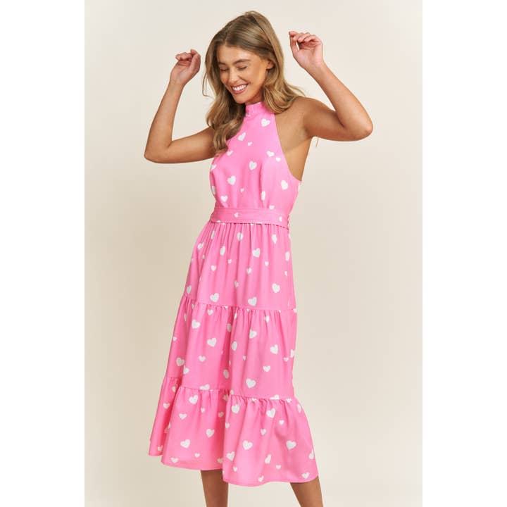 Sweet Generis - Wholesale Dress - Women's - SOFT WOVEN VALENTINE HEART PRINT HULTER NECK MIDI DRESS WITH