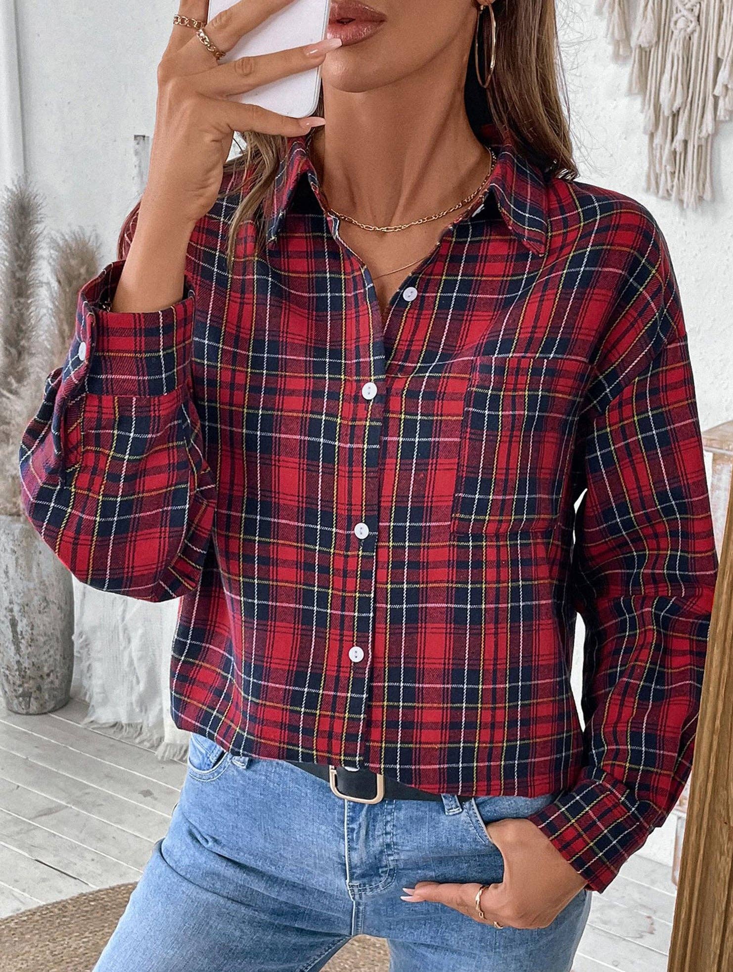 Red Retro lapel long-sleeved plaid shirt for wholesale on Faire2