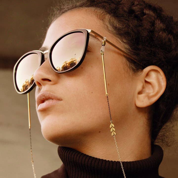 Edgy Stylish Sunglasses Chain, Leafy Nature Gold and Black for wholesale by NEA