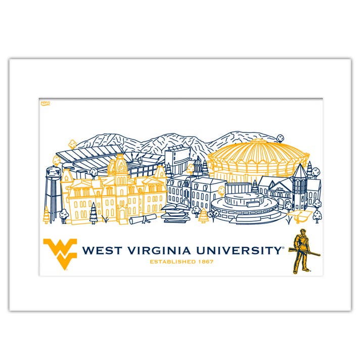 West Virginia Mountaineers Mattierte Campus-Wandkunst 11" x 14" für den Großhandel von Indigo Falls