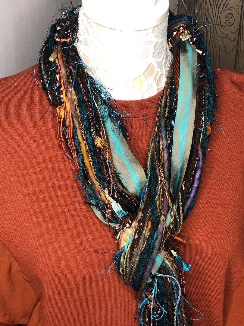 Scarves of Westwood - Wholesale Scarf - Women's - Bronze & Turquoise Fringe Scarf - Artisan Made4