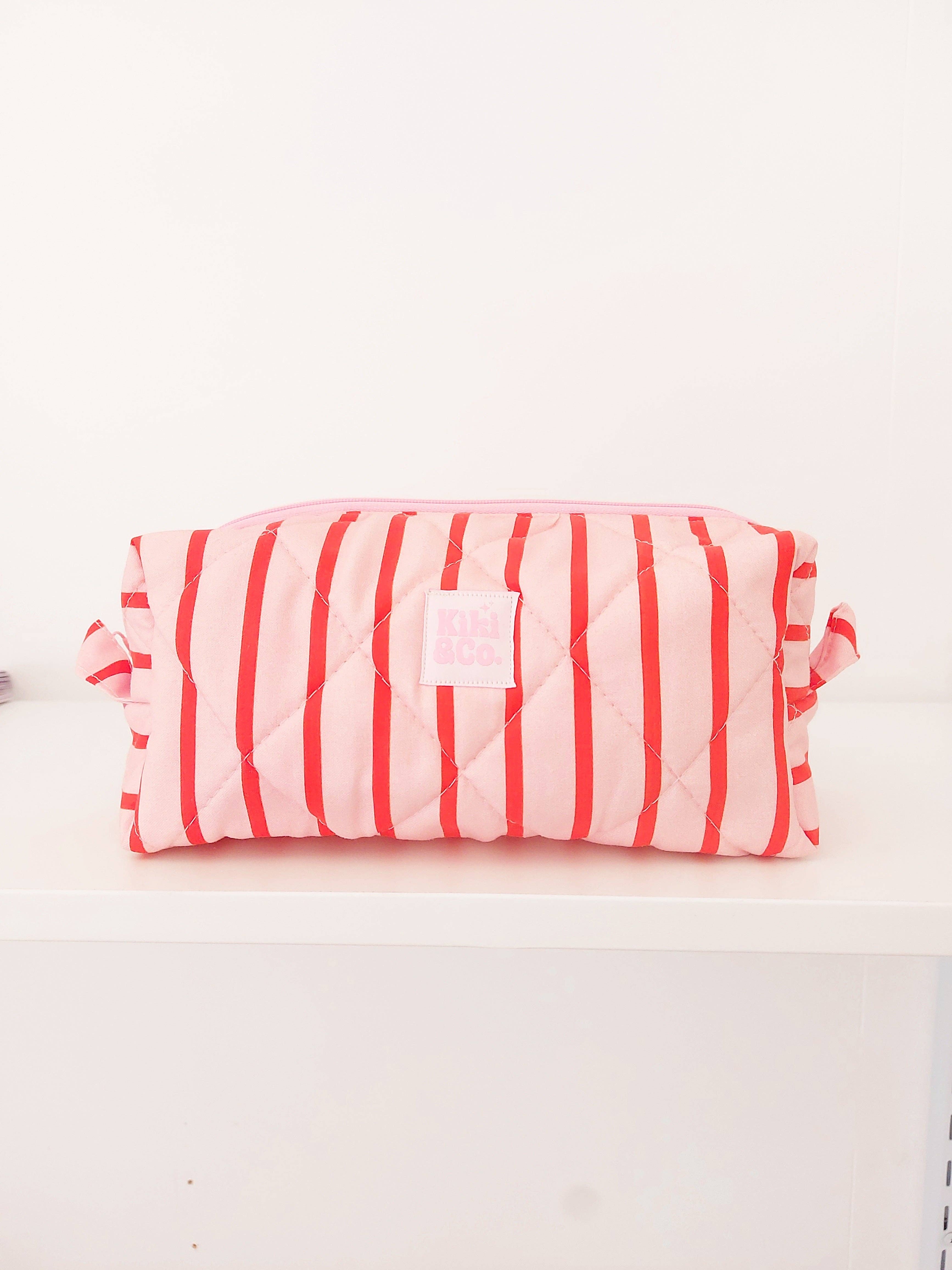 Kiki & Co. - Wholesale Makeup/Cosmetic Bag - Quilted Makeup Bag- Pink/Red Stripe1