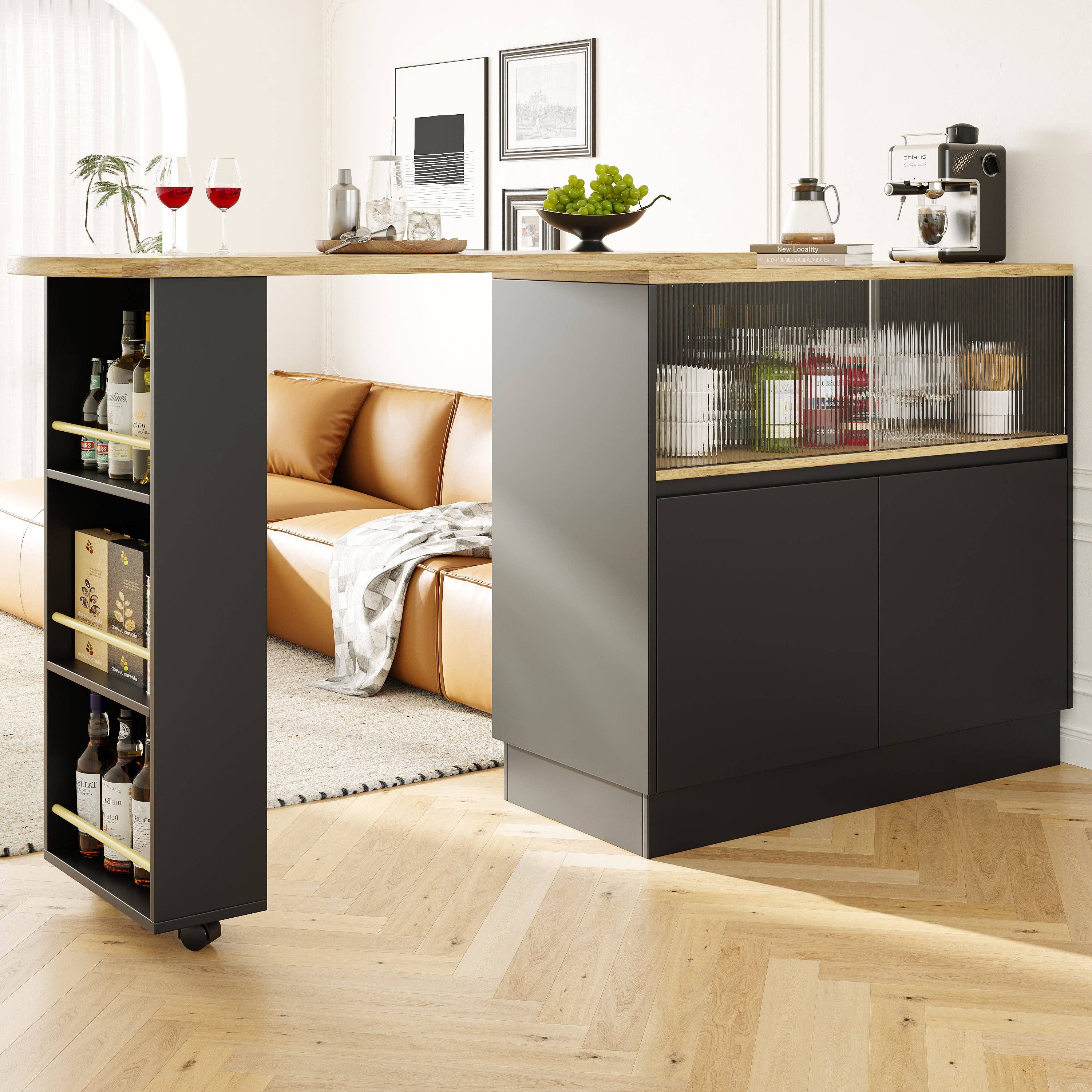 Urban Meuble - Wholesale Sideboard - Wood-effect and black bar table with 360° swivel storage and corrugated glass TINPLATE5