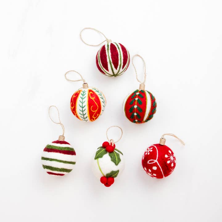 The Winding Road - Wholesale Ornament Set - Ornament - Holiday Felt Ball Hand Embroidered - Red Assorted
