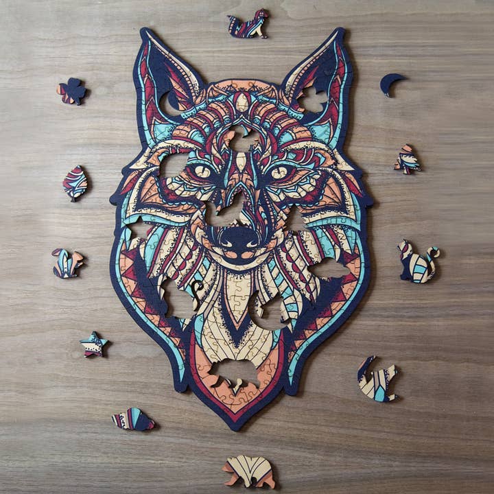 WAWW Artisanal Wooden Puzzles - Wholesale Puzzle - Adult - WOLF wooden jigsaw Puzzle | 23" Whimsies | Animal Totem1