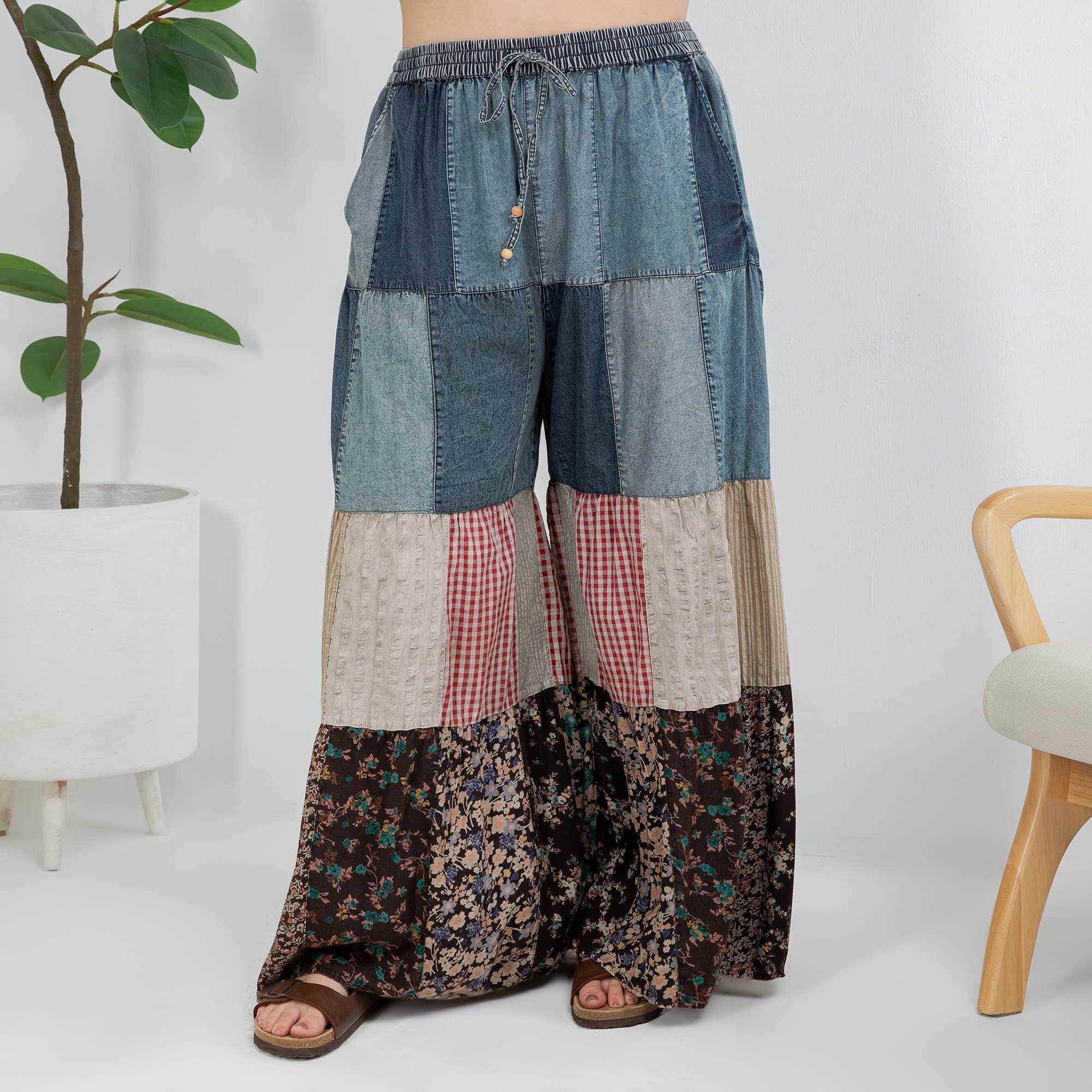 Young Threads - Venta al por mayor Pantalones - Mujer - Pantalones de Encaje y Punto con Inserciones de Parche en Denim de Capas Boho (Nuevo)15