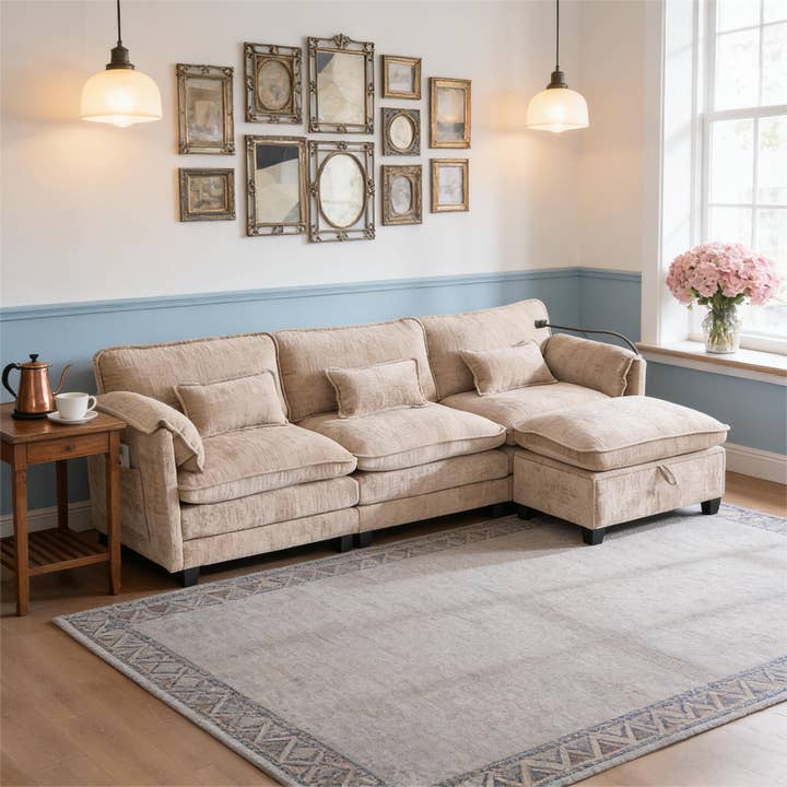 Canapé d'angle surdimensionné 112", pouf de rangement et ports de chargement pour la vente par HOMYCASA DESIGN INC