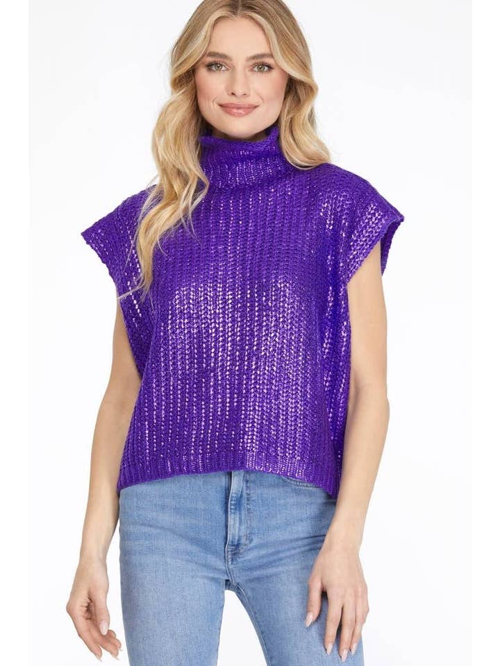 Vanilla Monkey - Wholesale Knit Sweater - Women's - Metallic Foil Slvless Turtleneck Sweater Top4