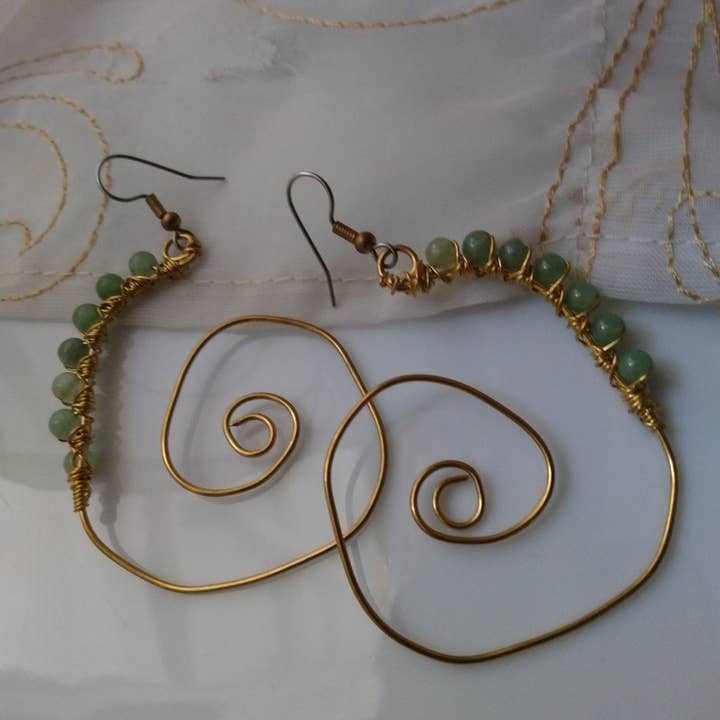 Green Aventurine Brass Wire Spiral Hoop Earrings for wholesale by Norahz Boutique