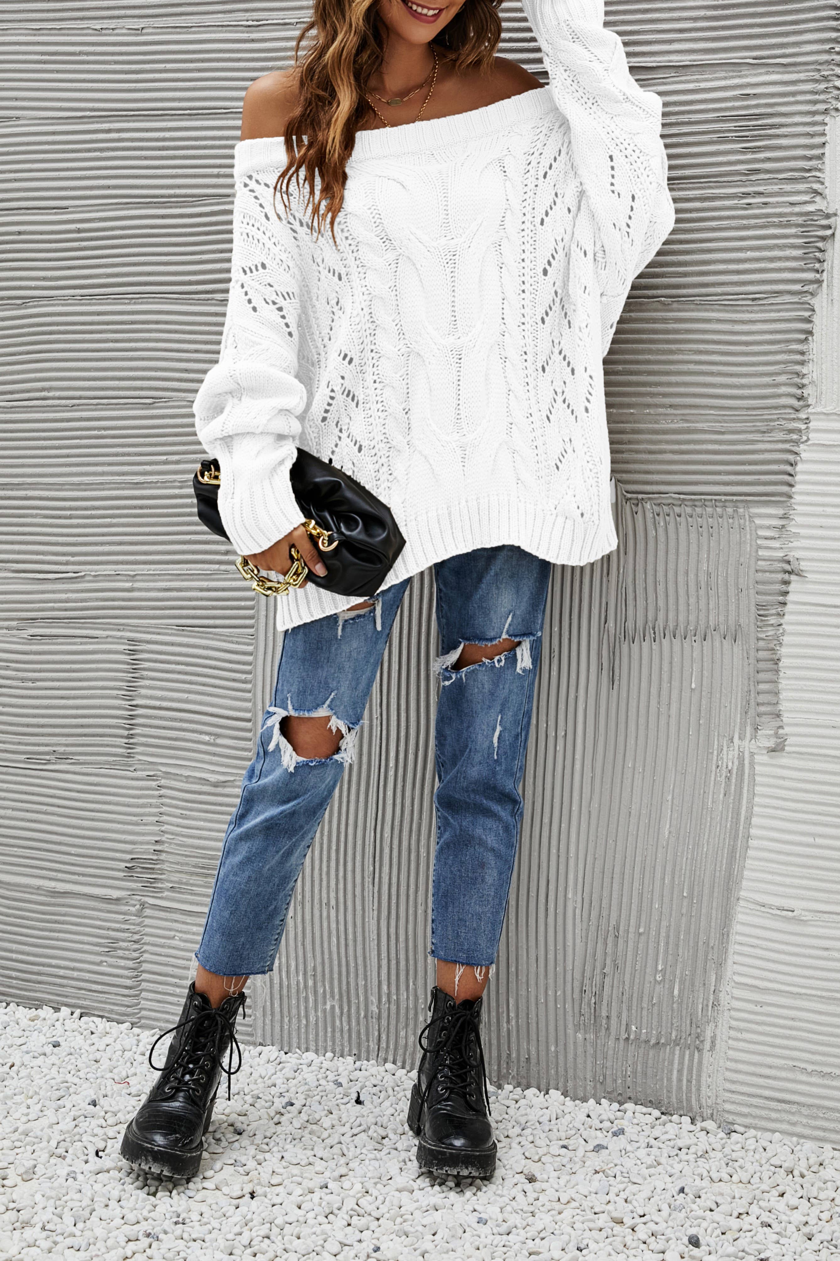 Rosa Clothing - Wholesale Tunic Sweater - Women's - Straight-Neck Off-The-Shoulder Pullover Sweater9