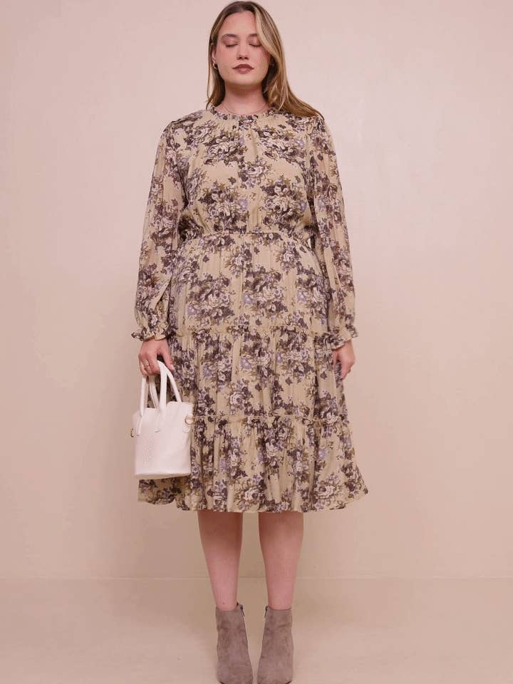 Taupe Womens Romantic Floral Ruffle Detailed Tiered Dress for wholesale on Faire0