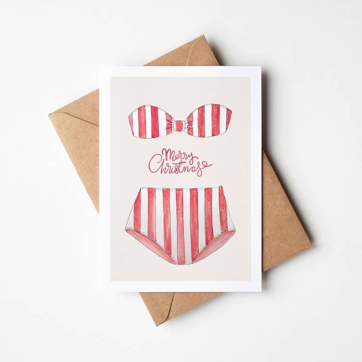 CANDY CANE BIKINI_ kerstkaart (vooraf bestellen) voor wholesale door Harvey Walker Studio