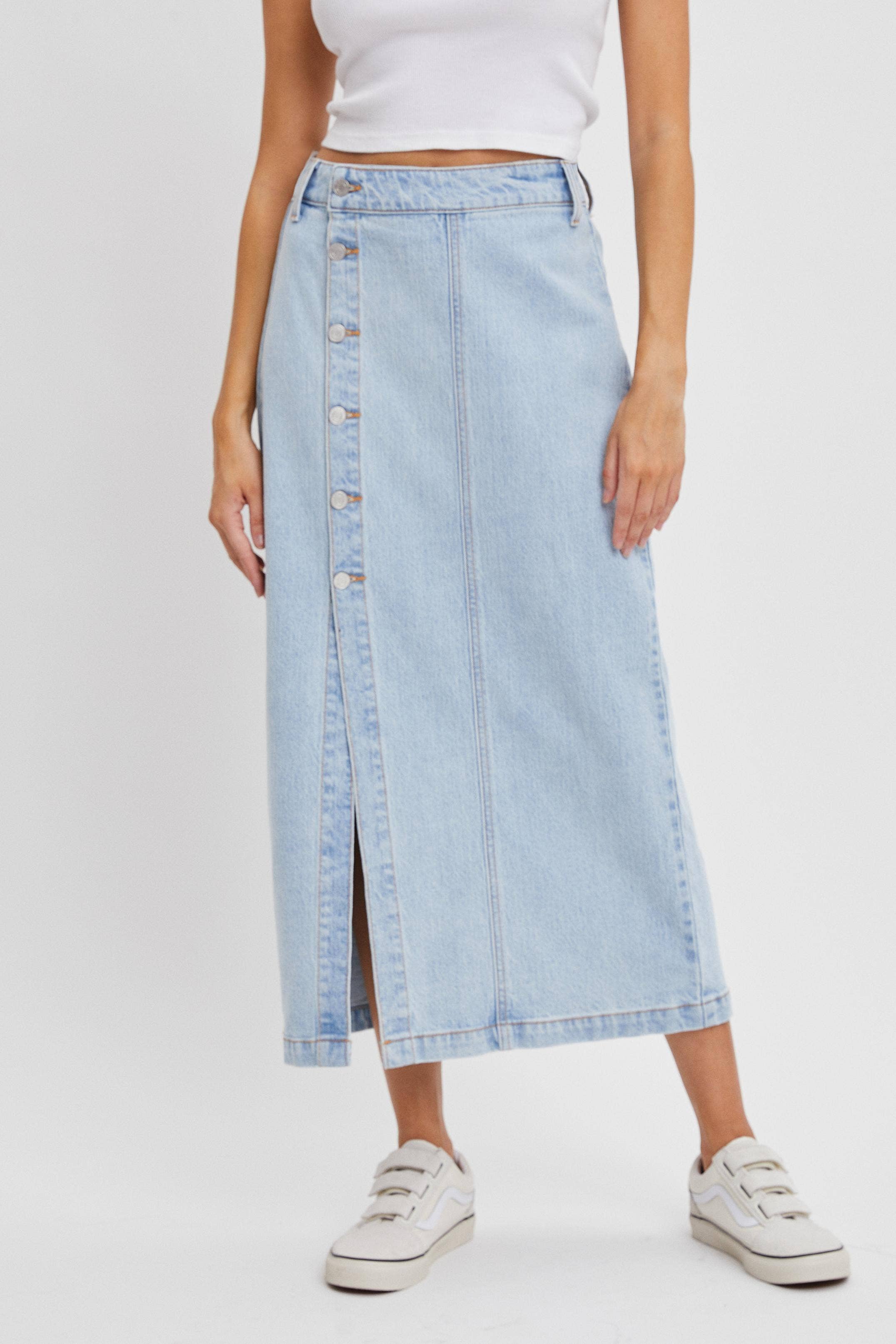 Cello Jeans - Wholesale Skirt - Women's - High Rise Denim Midi Skirt with Button Up Slit [WV59181SLT]1