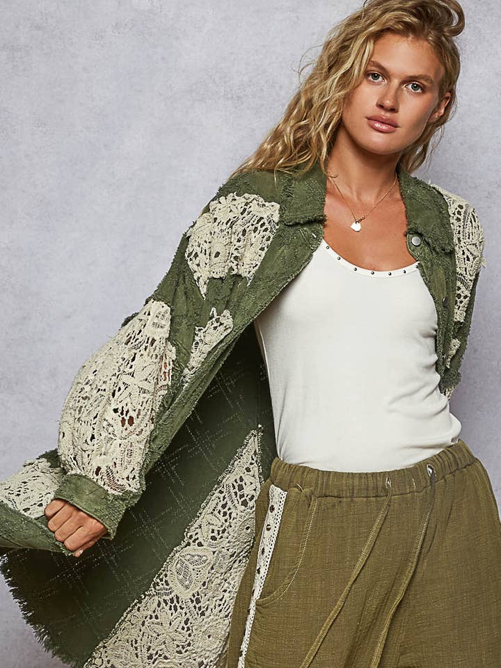 Pol Clothing - Wholesale Shirt Jacket/Shacket - Women's - Vintage washed oversize crochet patches shacket