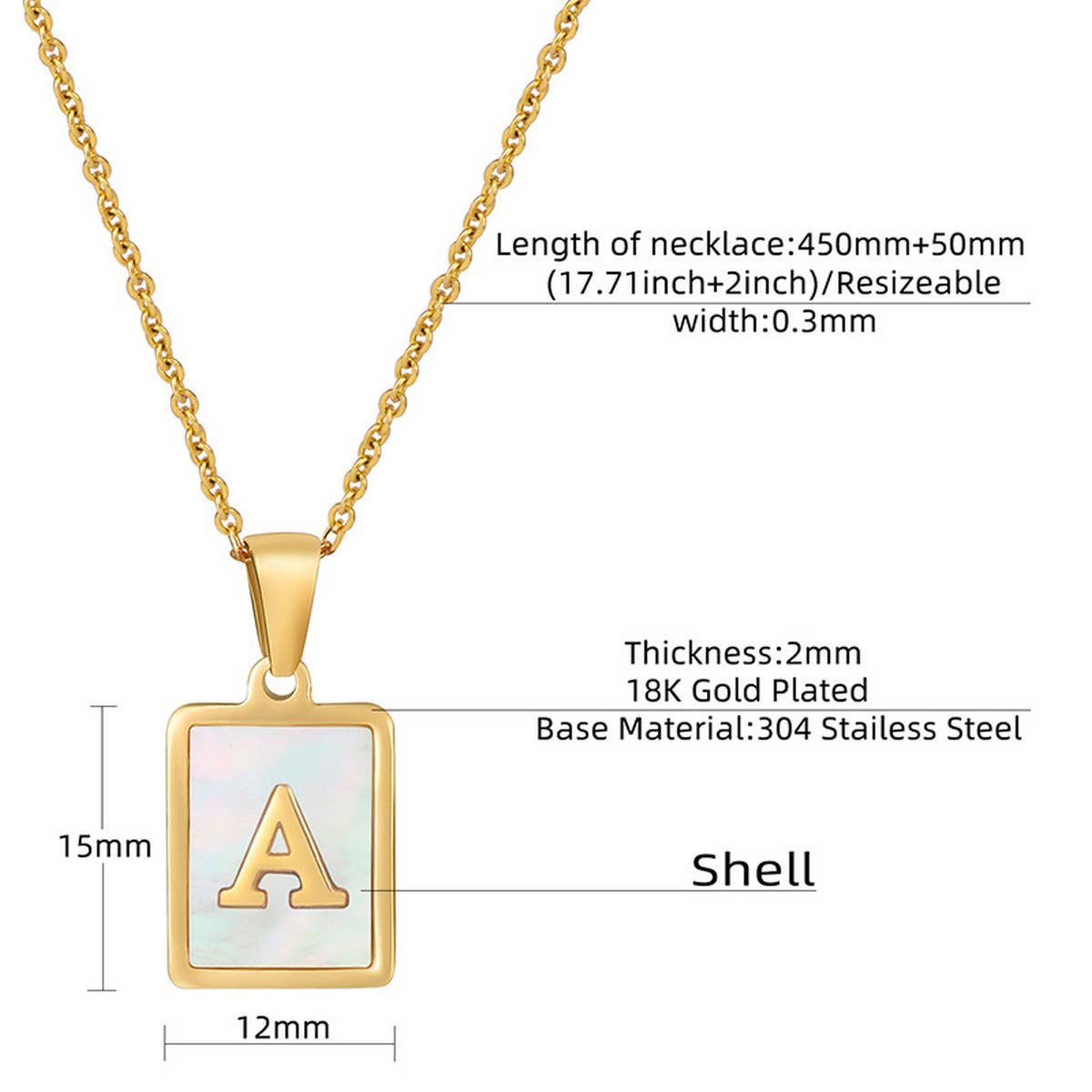 NINEXIS - Wholesale Pendant/Charm Necklace - CWAJE1917_Square Stainless Steel White Shell Letter Necklace0