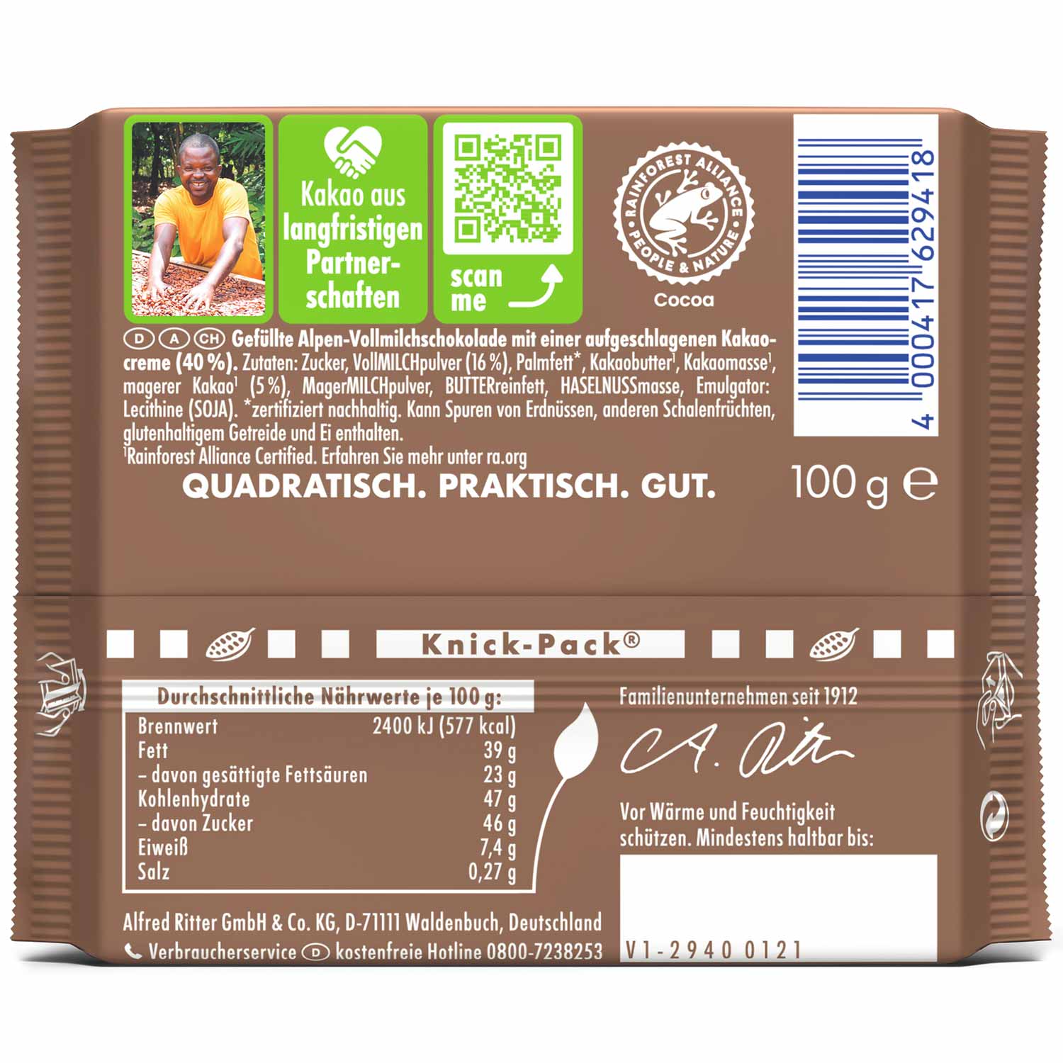 Global Bite Co - Wholesale Chocolate Bar - Ritter Sport Kakao-Mousse 100g (Germany)2