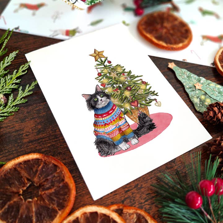 Beth Goodwin Designs - Wholesale Christmas card - Hand Illustrated Black and Cat Cat Christmas Card 3