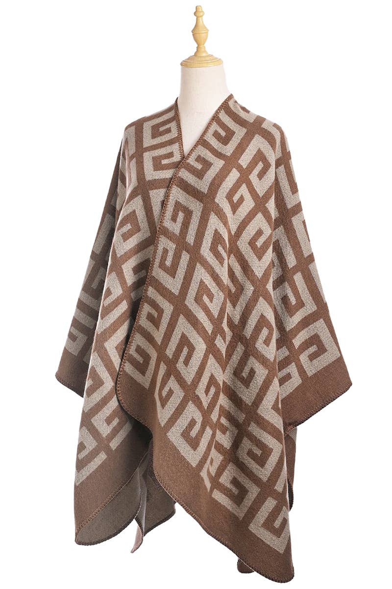 Cap Zone - Venta al por mayor Poncho - Mujer - Poncho holgado de gran tamaño con dobladillo doblado con llave griega3