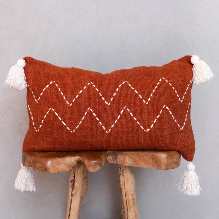 Bali Harvest – wholesale Lumbar pillow – Boho Cushion Cover / Throw Pillow Brick ZigZag Tassel Lumbar