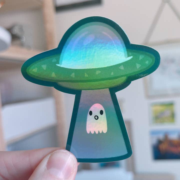 Alien Abduction Funny Ghost Sticker - Holographic for wholesale by Doohickle Designs