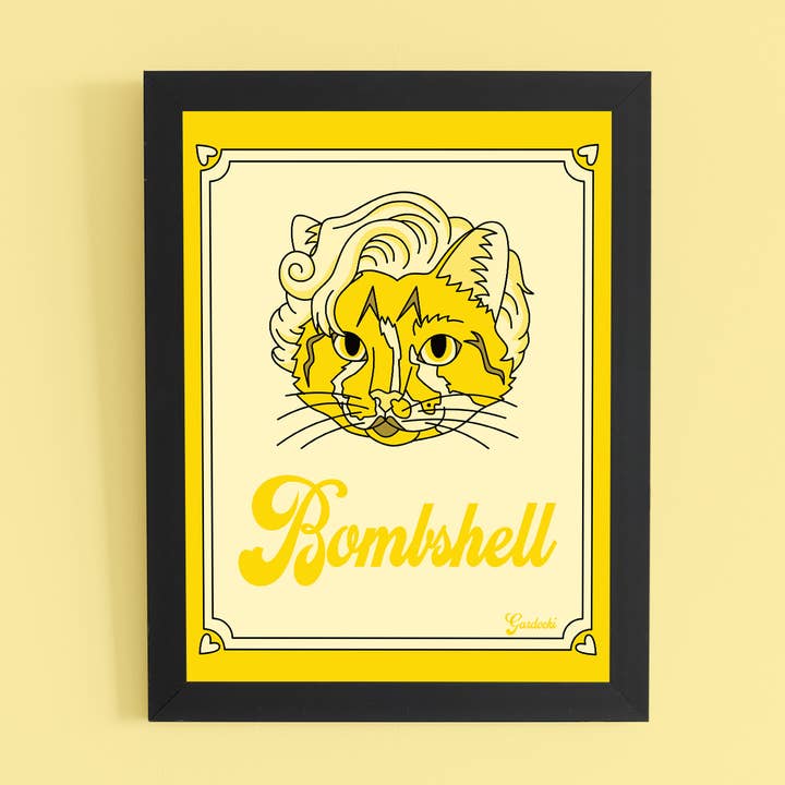 Lámina artística de Marilyn Monroe Pheen, amarilla, gato, bomba para venta al por mayor de Brianna Gardocki Art