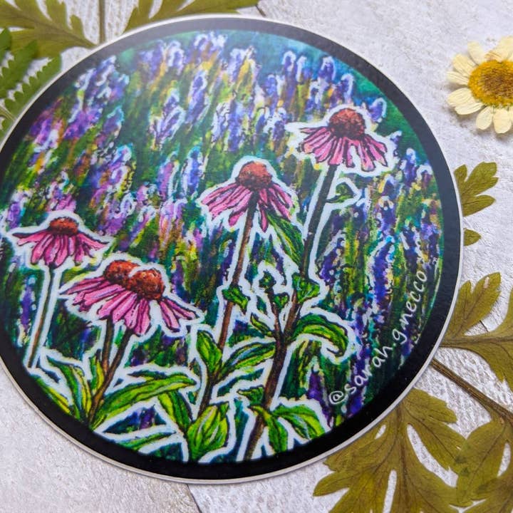 BarnHouse Studios - Wholesale Sticker - Echinacea Flowers and Lavender, 3" Circle Vinyl Sticker