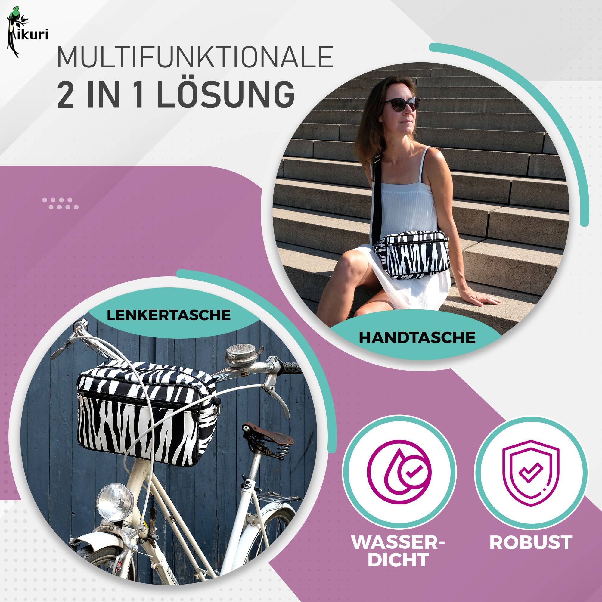 Ikuri - Vendita all'ingrosso Accessori per ciclisti - Borsa da manubrio - piccola borsa per bicicletta da manubrio - Zebra1