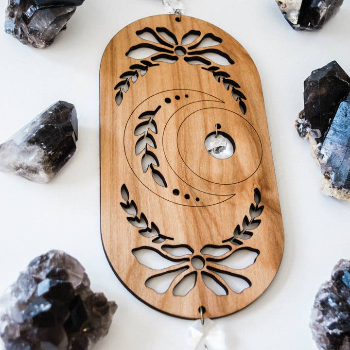 HEX Botanical - Wholesale Suncatcher - Lunar Moon Wooden Wall Hanging Suncatcher w/ Crystal Prisms