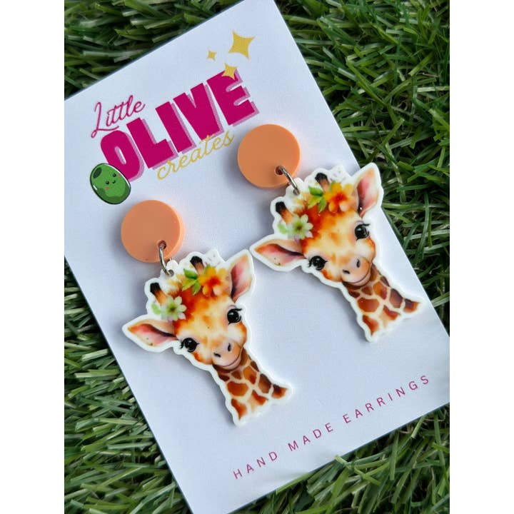 Little Olive Creates - Wholesale Dangle earrings - Whimsical Flower Crown Giraffe Dangle Earrings2