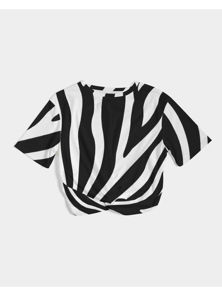 weiße Grundfarbe Zebra, kurz geschnittenes Damen-T-Shirt mit verdrehter Vorderseite für den Großhandel auf Faire