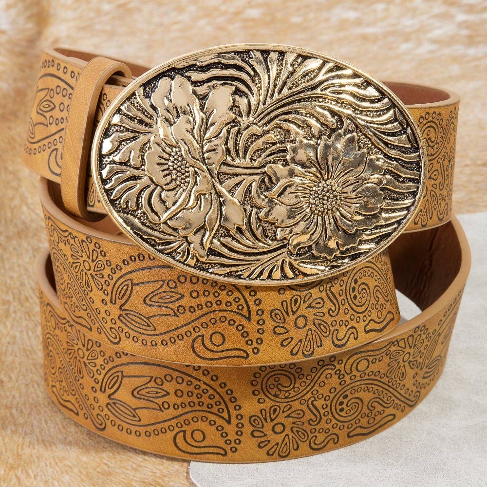 Collections by Fame Accessories - Wholesale Belt - Women's - Floral Buckle Paisley Pattern Vegan Leather Belt1