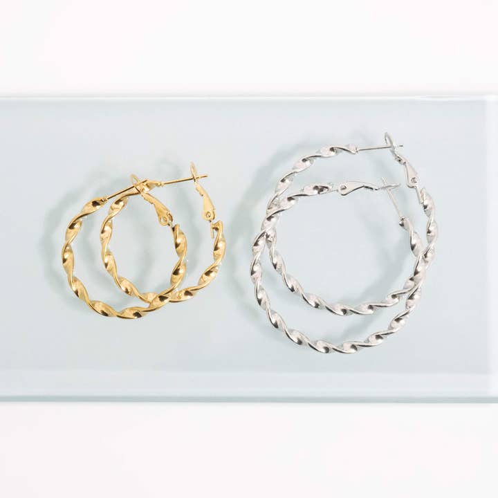 WJW - Wholesale Hoop Earrings - 18K Gold PVD Stainless Steel Twist Hoop Earrings6