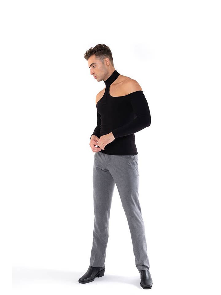 Black Long Sleeve Choker Neck Sweater with Zipper for wholesale on Faire2