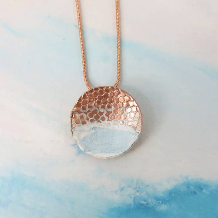 830 Degrees – wholesale Pendant/charm necklace – Round, Domed and Textured Copper Pendant with Enamel
