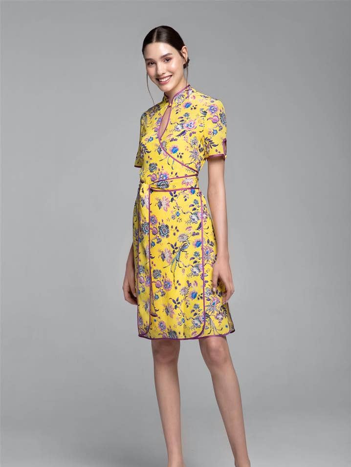 Akiko kimono-style silk wrap dress in yellow for wholesale by RUMOUR LONDON